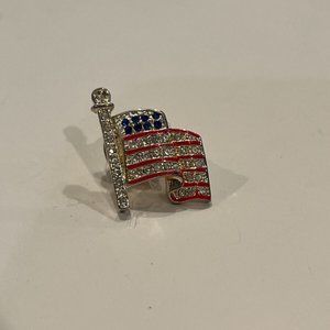 USA Flag Flagpole Rhinestone Lapel Pin Silver Color Pin, 0.66 x 0.75" Clean